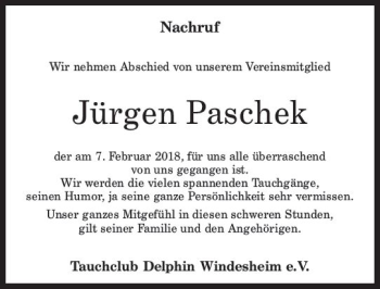 Traueranzeige von Jürgen Paschek von Trauerportal Rhein Main Presse