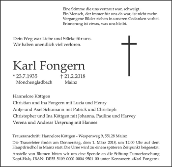 Traueranzeige von Karl Fongern von Trauerportal Rhein Main Presse
