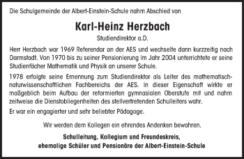 Traueranzeige von Karl-Heinz Herzbach von Trauerportal Rhein Main Presse