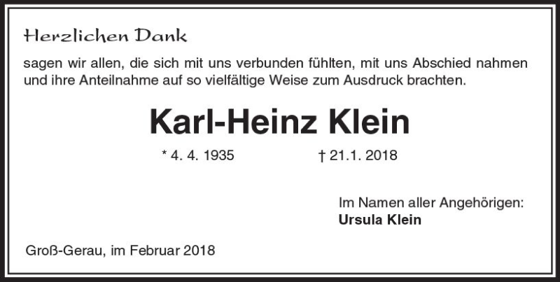  Traueranzeige für Karl-Heinz Klein vom 17.02.2018 aus Trauerportal Rhein Main Presse