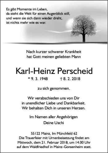 Traueranzeige von Karl-Heinz Perscheid von Trauerportal Rhein Main Presse