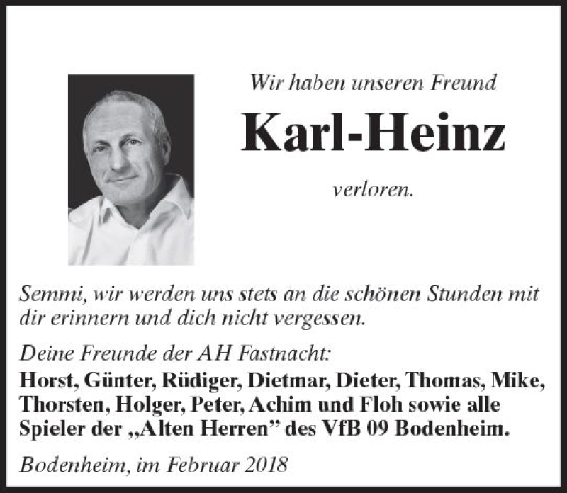  Traueranzeige für Karl-Heinz Semsei vom 22.02.2018 aus Trauerportal Rhein Main Presse