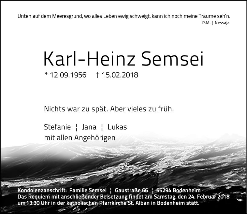  Traueranzeige für Karl-Heinz Semsei vom 21.02.2018 aus Trauerportal Rhein Main Presse