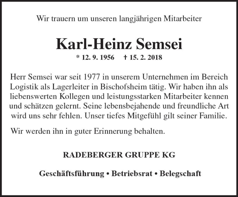  Traueranzeige für Karl-Heinz Semsei vom 23.02.2018 aus Trauerportal Rhein Main Presse
