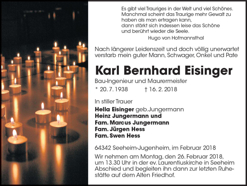  Traueranzeige für Karl Bernhard Eisinger vom 24.02.2018 aus Trauerportal Rhein Main Presse