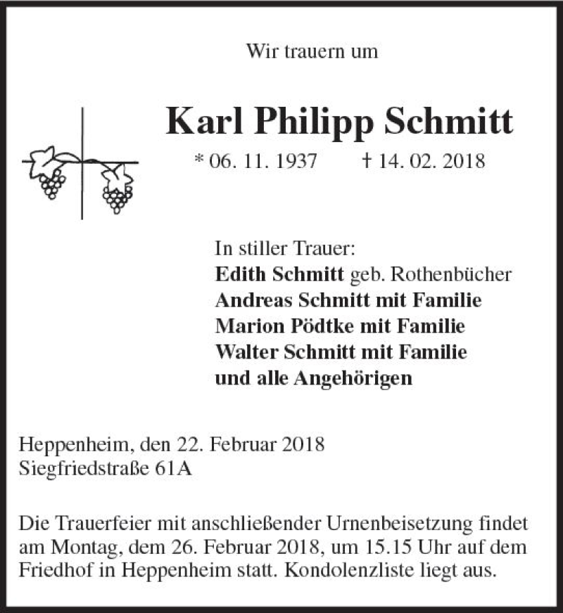  Traueranzeige für Karl Philipp Schmitt vom 22.02.2018 aus Trauerportal Rhein Main Presse