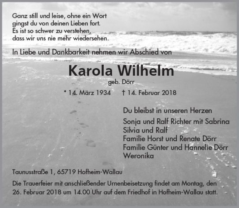  Traueranzeige für Karola Wilhelm vom 24.02.2018 aus Trauerportal Rhein Main Presse