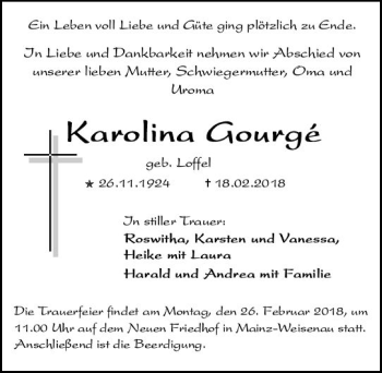 Traueranzeige von Karolina Gourgé von Trauerportal Rhein Main Presse
