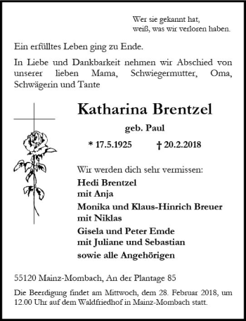 Traueranzeige von Katharina Brentzel von Trauerportal Rhein Main Presse