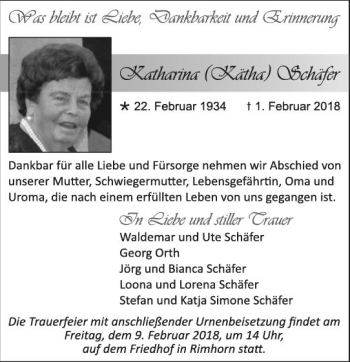 Traueranzeige von Katharina Schäfer von Trauerportal Rhein Main Presse