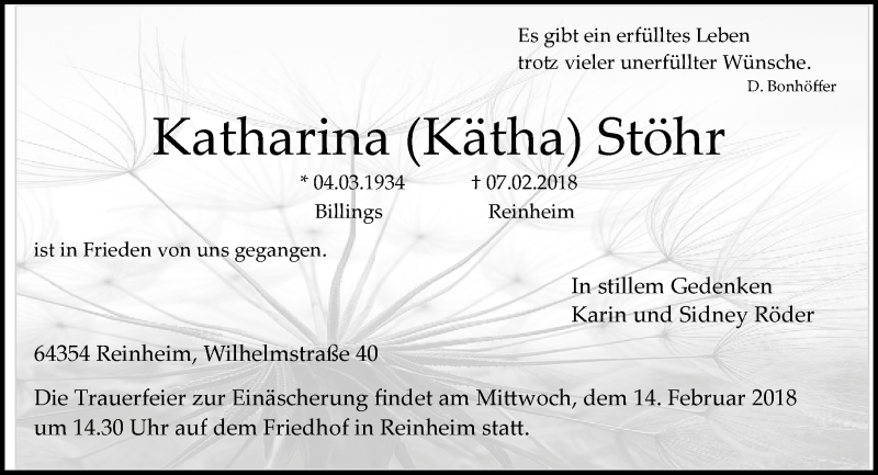  Traueranzeige für Katharina Stöhr vom 10.02.2018 aus Trauerportal Rhein Main Presse