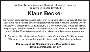 Traueranzeige von Klaus Becker von Trauerportal Rhein Main Presse