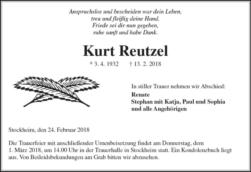  Traueranzeige für Kurt Reutzel vom 24.02.2018 aus  Kreisanzeiger