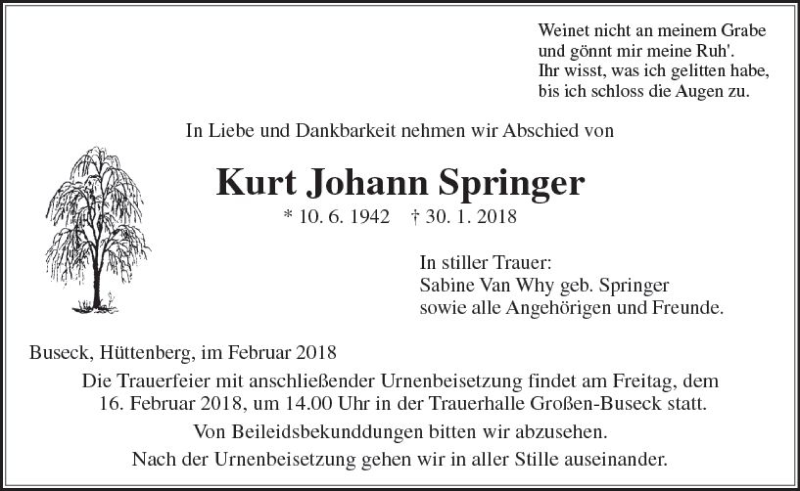  Traueranzeige für Kurt Johann Springer vom 10.02.2018 aus  Gießener Anzeiger