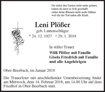 Traueranzeige von Leni Plößer von Trauerportal Rhein Main Presse