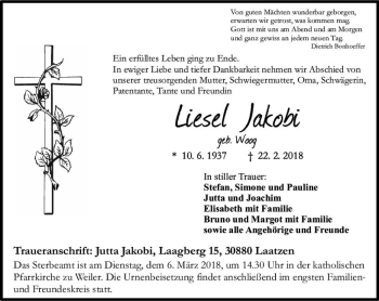 Traueranzeige von Liesel Jakobi von Trauerportal Rhein Main Presse