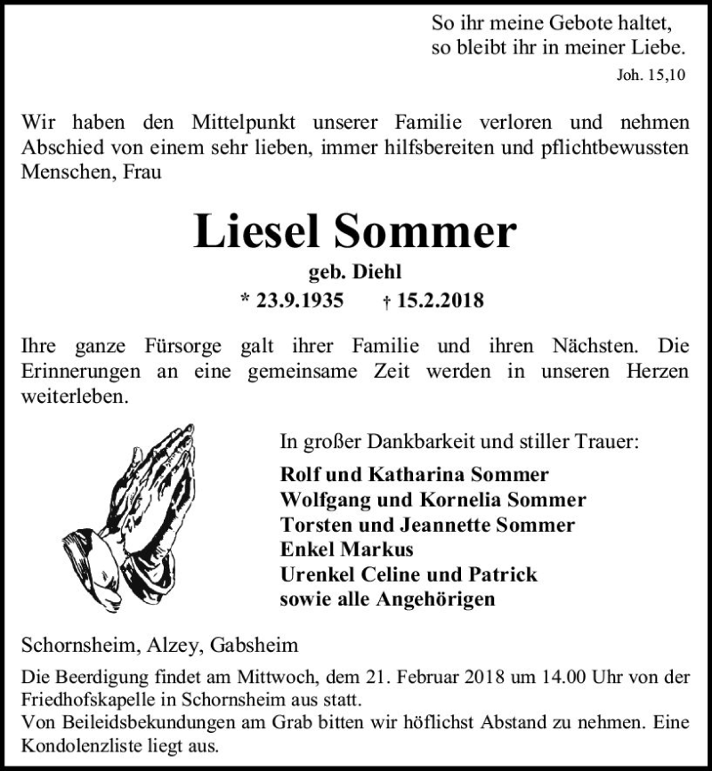  Traueranzeige für Liesel Sommer vom 19.02.2018 aus Trauerportal Rhein Main Presse