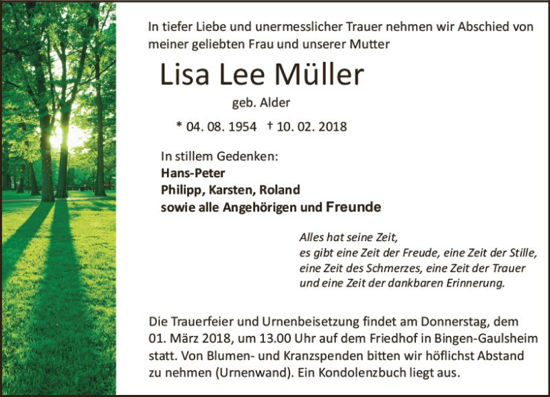  Traueranzeige für Lisa Lee Müller vom 24.02.2018 aus Trauerportal Rhein Main Presse