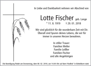 Traueranzeige von Lotte Fischer von Trauerportal Rhein Main Presse
