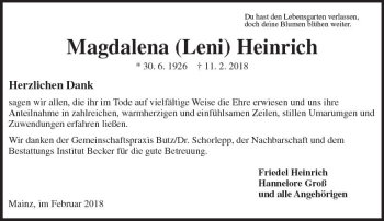 Traueranzeige von Magdalena Heinrich von Trauerportal Rhein Main Presse