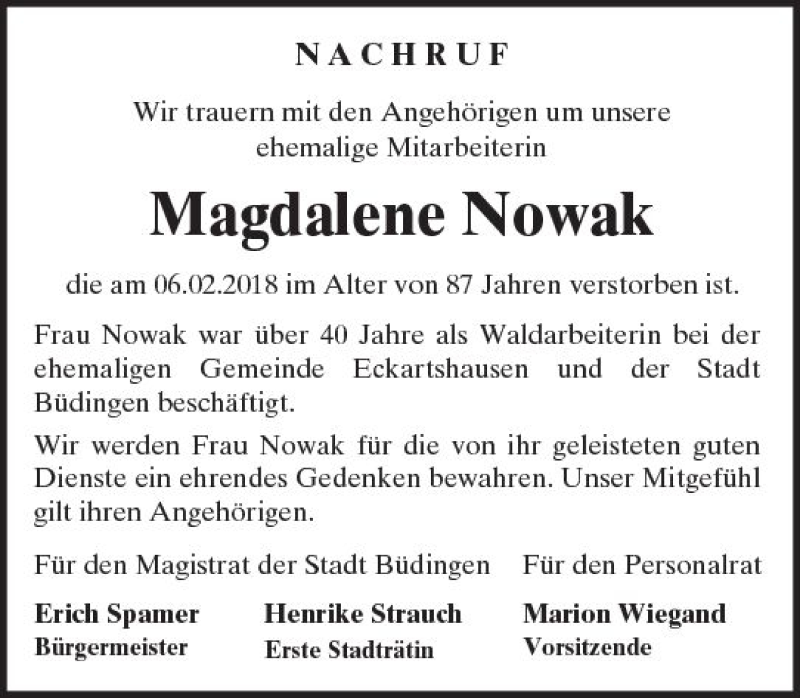  Traueranzeige für Magdalene  Nowak vom 20.02.2018 aus  Kreisanzeiger