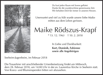 Traueranzeige von Maike Rödszus-Krapf von Trauerportal Rhein Main Presse
