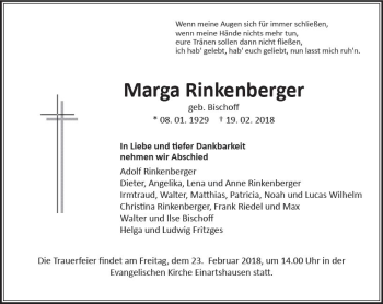 Traueranzeige von Marga Rinkenberger von  Kreisanzeiger