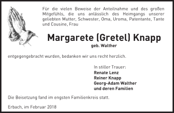 Traueranzeige von Margarete Knapp von Trauerportal Rhein Main Presse