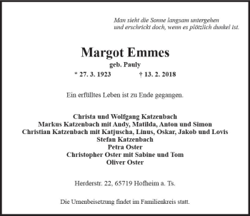 Traueranzeige von Margot Emmes von Trauerportal Rhein Main Presse