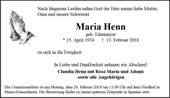 Traueranzeige von Maria Henn von Trauerportal Rhein Main Presse