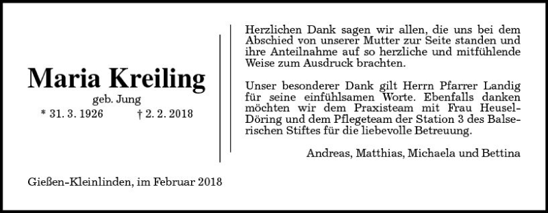  Traueranzeige für Maria Kreiling vom 28.02.2018 aus  Gießener Anzeiger
