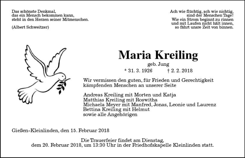  Traueranzeige für Maria Kreiling vom 15.02.2018 aus  Gießener Anzeiger