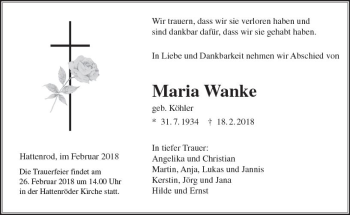 Traueranzeige von Maria Wanke von  Gießener Anzeiger