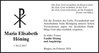 Traueranzeige von Maria Elisabeth Höning von Trauerportal Rhein Main Presse