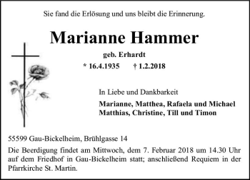 Traueranzeige von Marianne Hammer von Trauerportal Rhein Main Presse