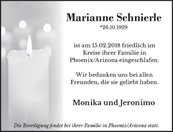 Traueranzeige von Marianne Schnierle von  Kreisanzeiger