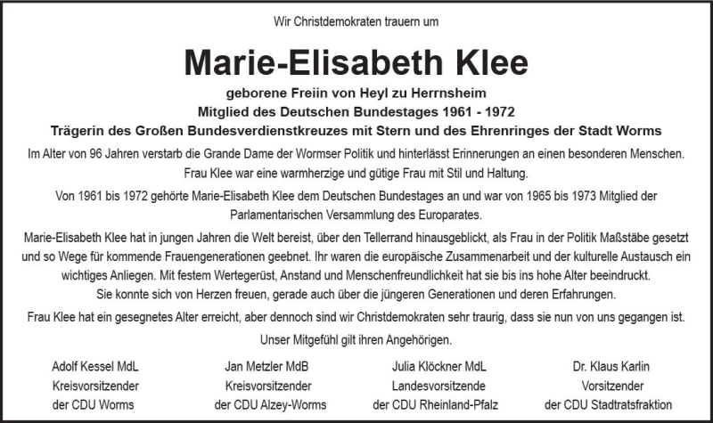  Traueranzeige für Marie-Elisabeth Klee vom 16.02.2018 aus Trauerportal Rhein Main Presse