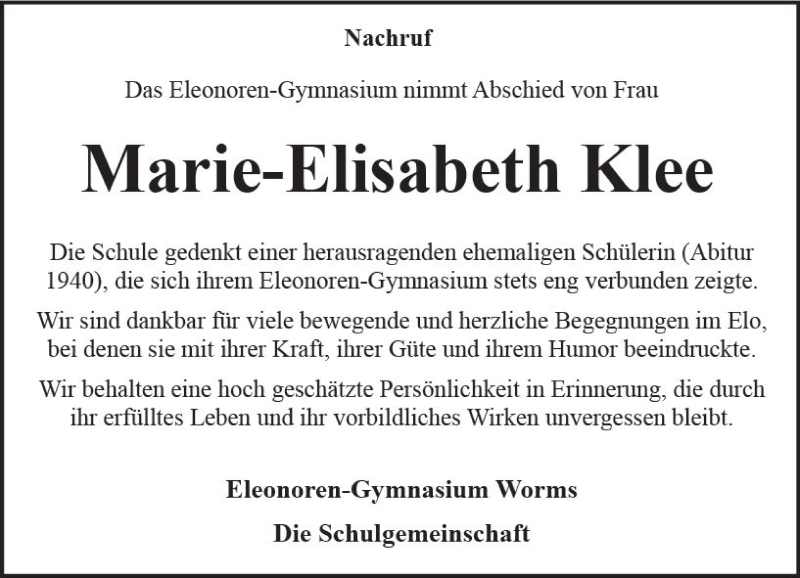  Traueranzeige für Marie-Elisabeth Klee vom 20.02.2018 aus Trauerportal Rhein Main Presse