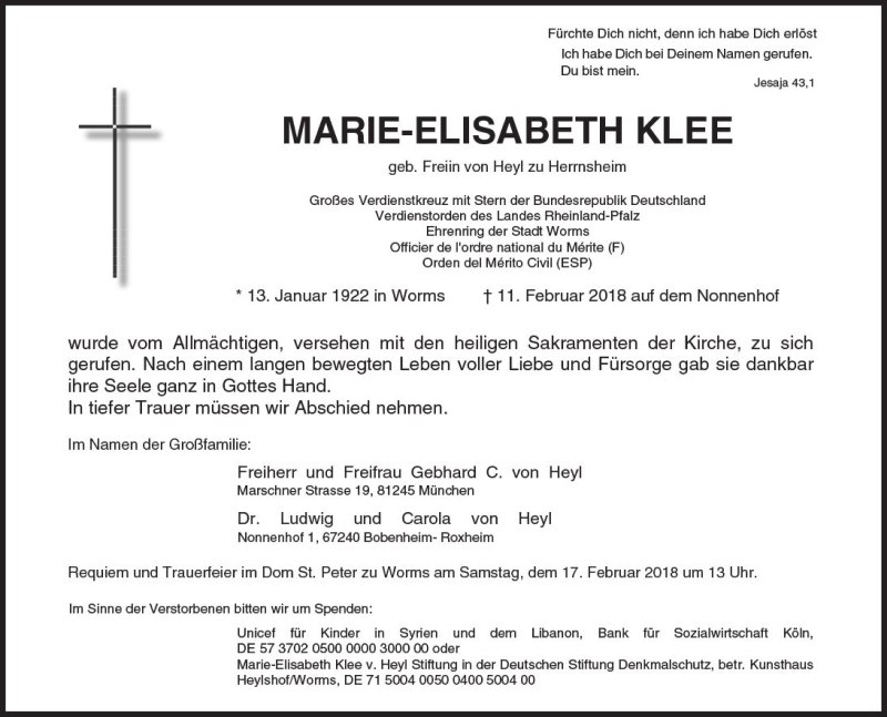  Traueranzeige für Marie-Elisabeth Klee vom 14.02.2018 aus Trauerportal Rhein Main Presse