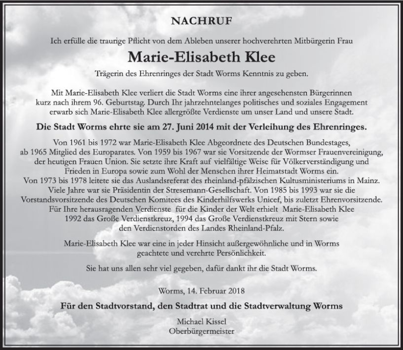  Traueranzeige für Marie-Elisabeth Klee vom 17.02.2018 aus Trauerportal Rhein Main Presse