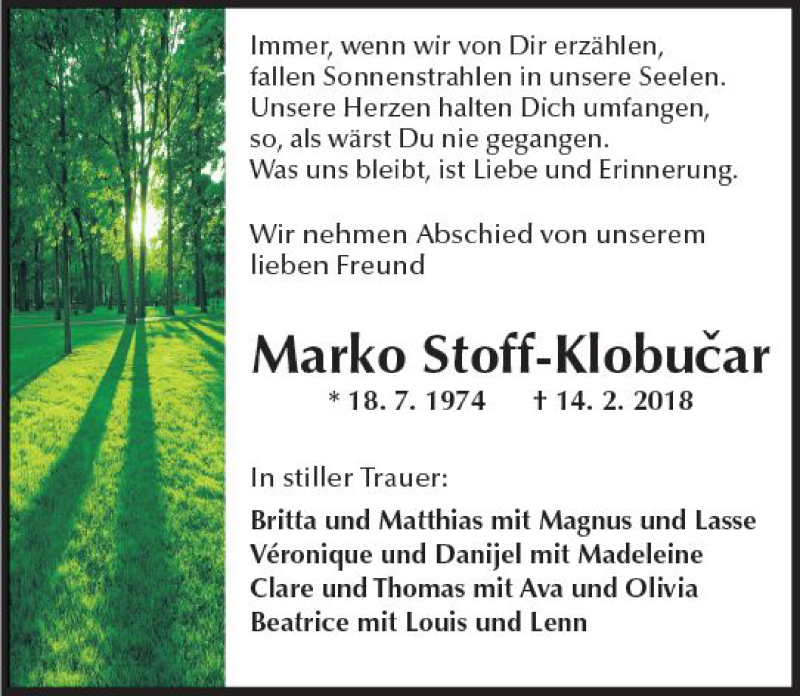  Traueranzeige für Marko Stoff-Klobucar vom 24.02.2018 aus Trauerportal Rhein Main Presse