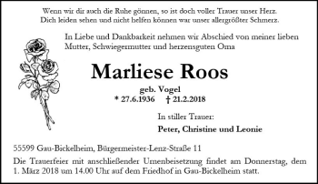 Traueranzeige von Marliese Roos von Trauerportal Rhein Main Presse