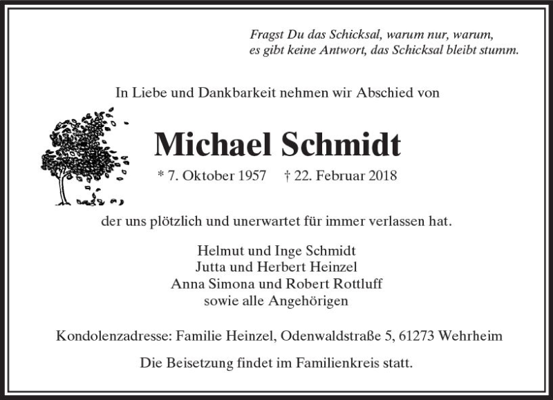  Traueranzeige für Michael Schmidt vom 27.02.2018 aus  Usinger Anzeiger