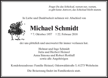 Traueranzeige von Michael Schmidt von  Usinger Anzeiger