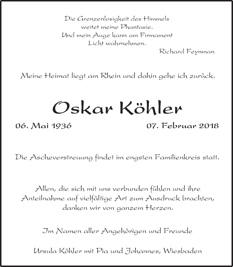  Traueranzeige für Oskar Köhler vom 10.02.2018 aus Trauerportal Rhein Main Presse