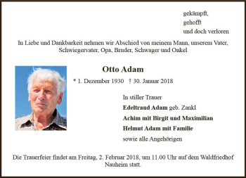 Traueranzeige von Otto Adam von Trauerportal Rhein Main Presse