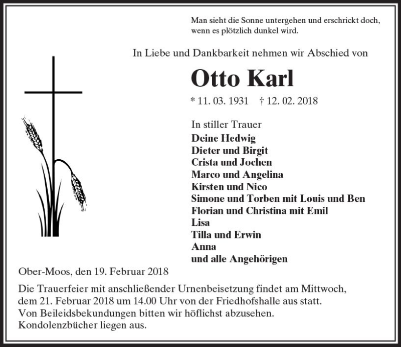  Traueranzeige für Otto Karl vom 19.02.2018 aus VRM Trauer