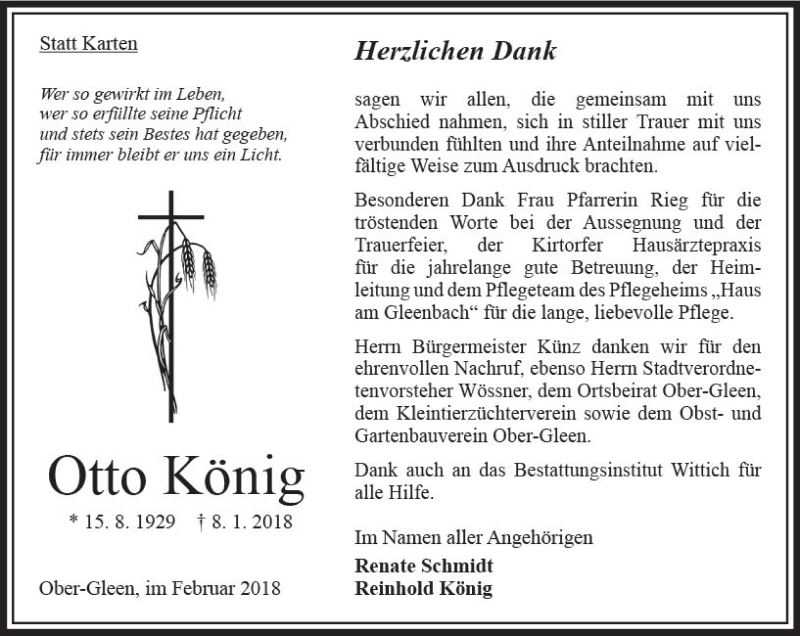  Traueranzeige für Otto König vom 17.02.2018 aus VRM Trauer