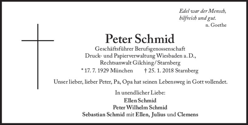  Traueranzeige für Peter Schmid vom 01.02.2018 aus Trauerportal Rhein Main Presse