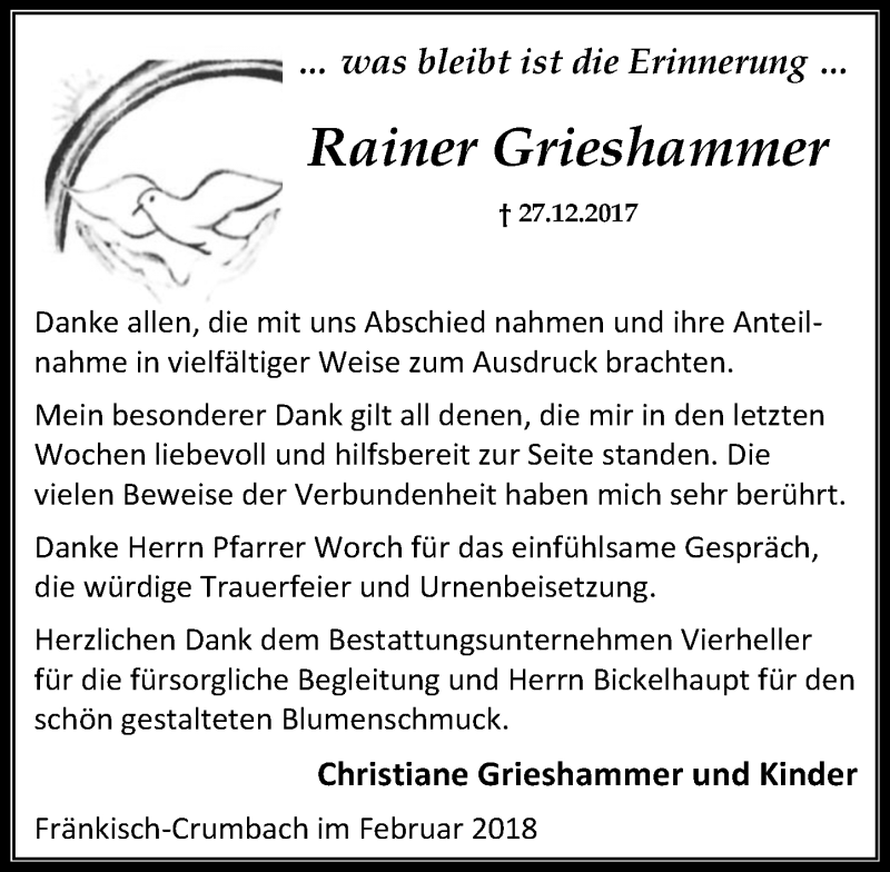  Traueranzeige für Rainer Grieshammer vom 10.02.2018 aus Trauerportal Rhein Main Presse